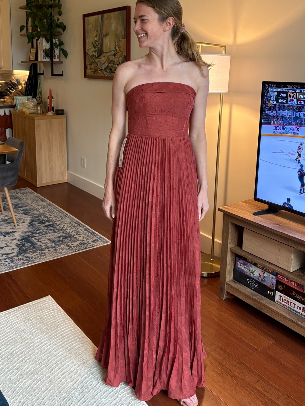 Azazie Strapless Pleated Maxi Dress in Terracotta